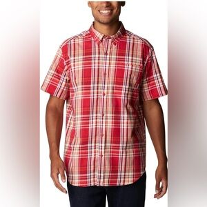 Columbia Men's Red and White Plaid Button Down Shirt